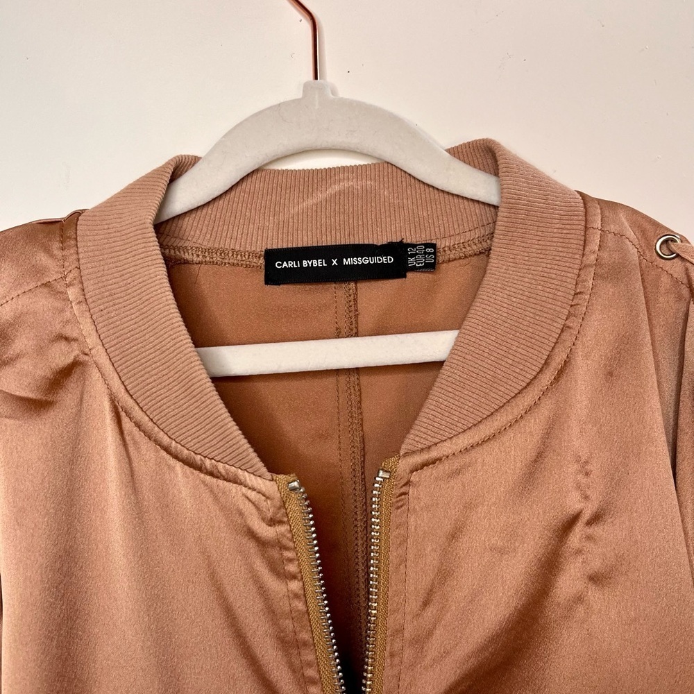 Carli Bybel Missguided Lace Up Arm Satin Long Bomber Jacket Tan Sz 8 Relaxed Fit - Picture 9 of 13